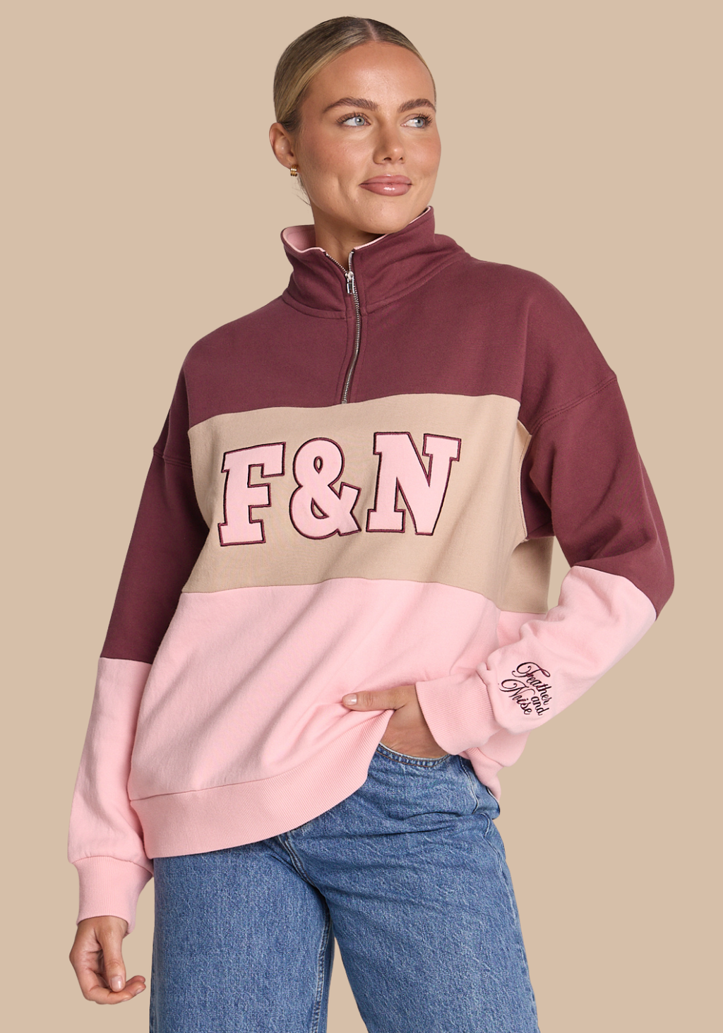 FEATHER + NOISE VARSITY LOGO SWEATER - PINK PLUM