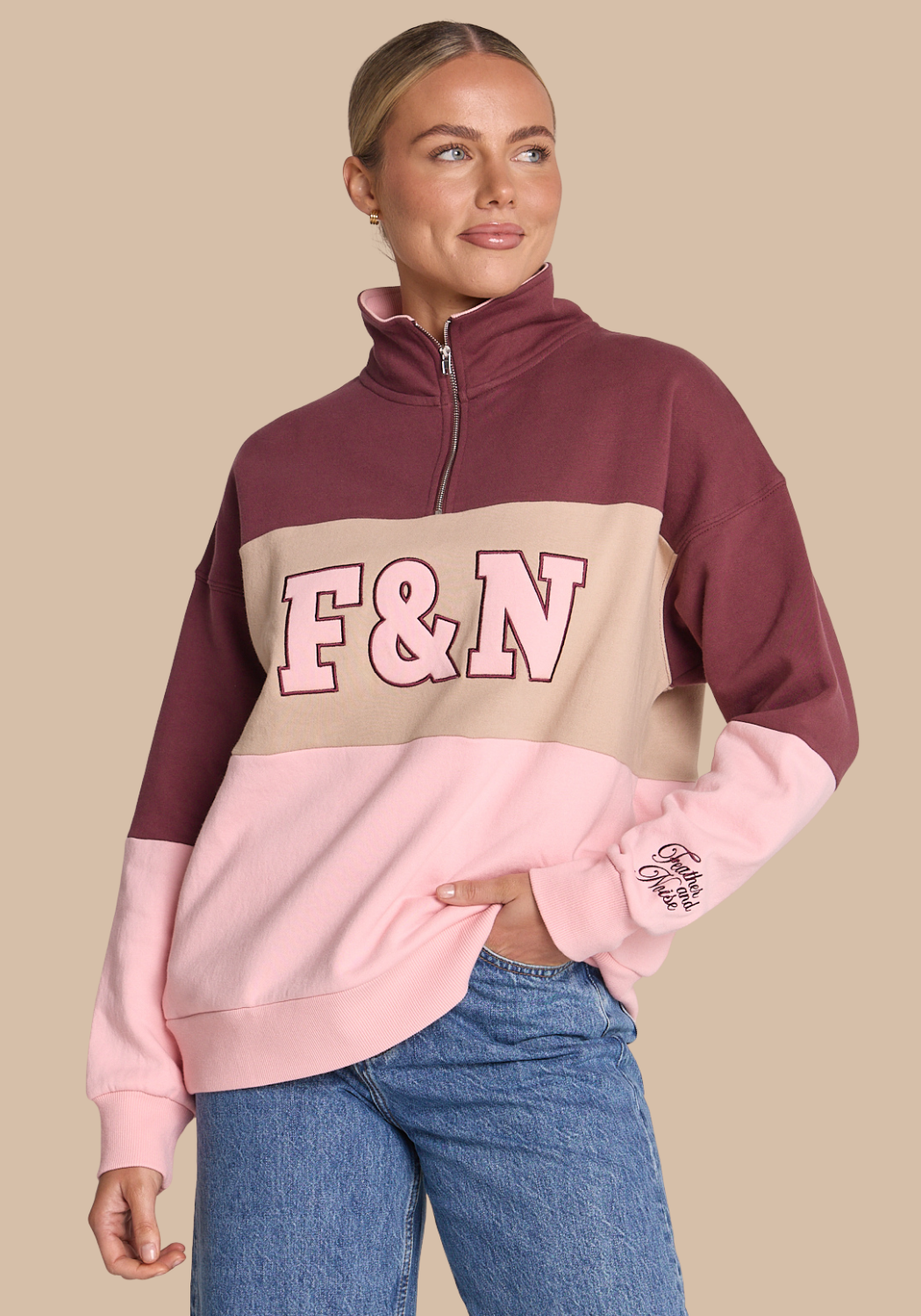 FEATHER + NOISE VARSITY LOGO SWEATER - PINK PLUM