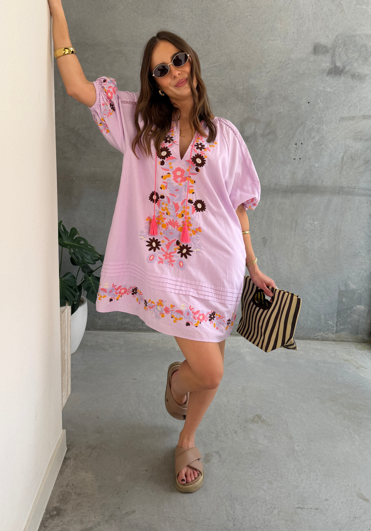 SANDRA EMBROIDERED MINI DRESS - LILAC