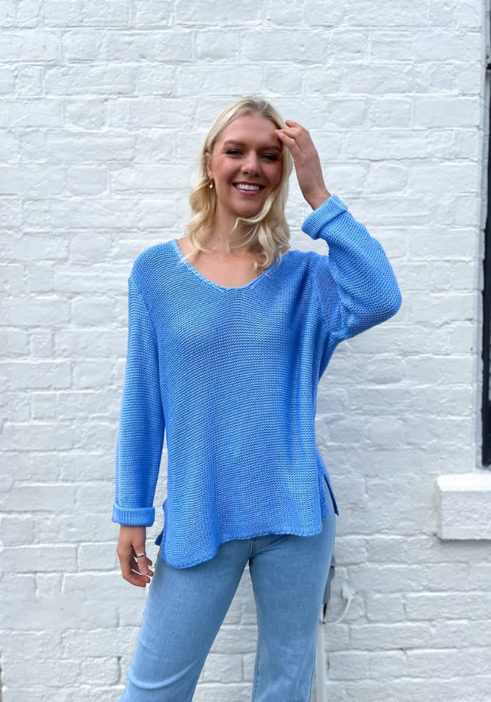 Load image into Gallery viewer, EDDISON COTTON ROLL SLEEVE KNIT - CORNFLOWER BLUE