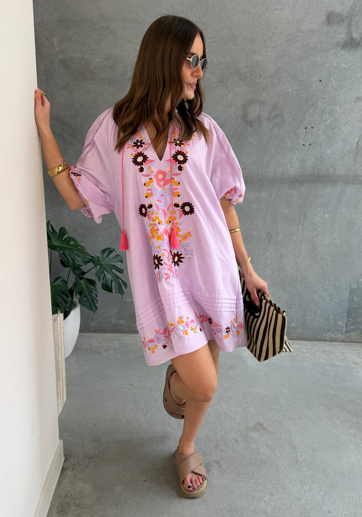 SANDRA EMBROIDERED MINI DRESS - LILAC