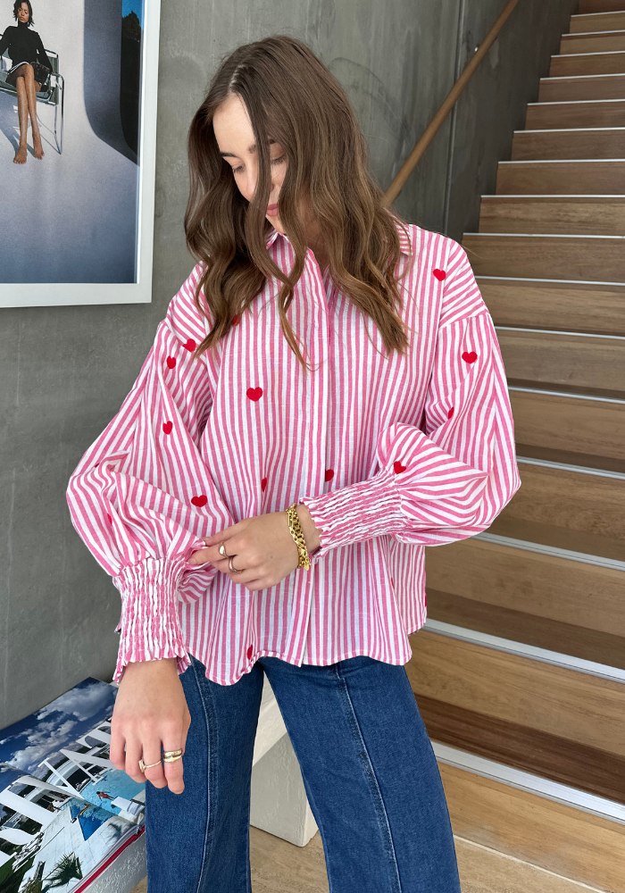 Load image into Gallery viewer, CARRIE BUTTON THROUGH BLOUSE - PINK STRIPE