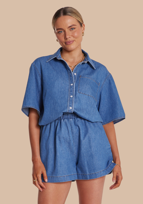 FEATHER + NOISE ARLO CROPPED SHIRT - HERITAGE BLUE