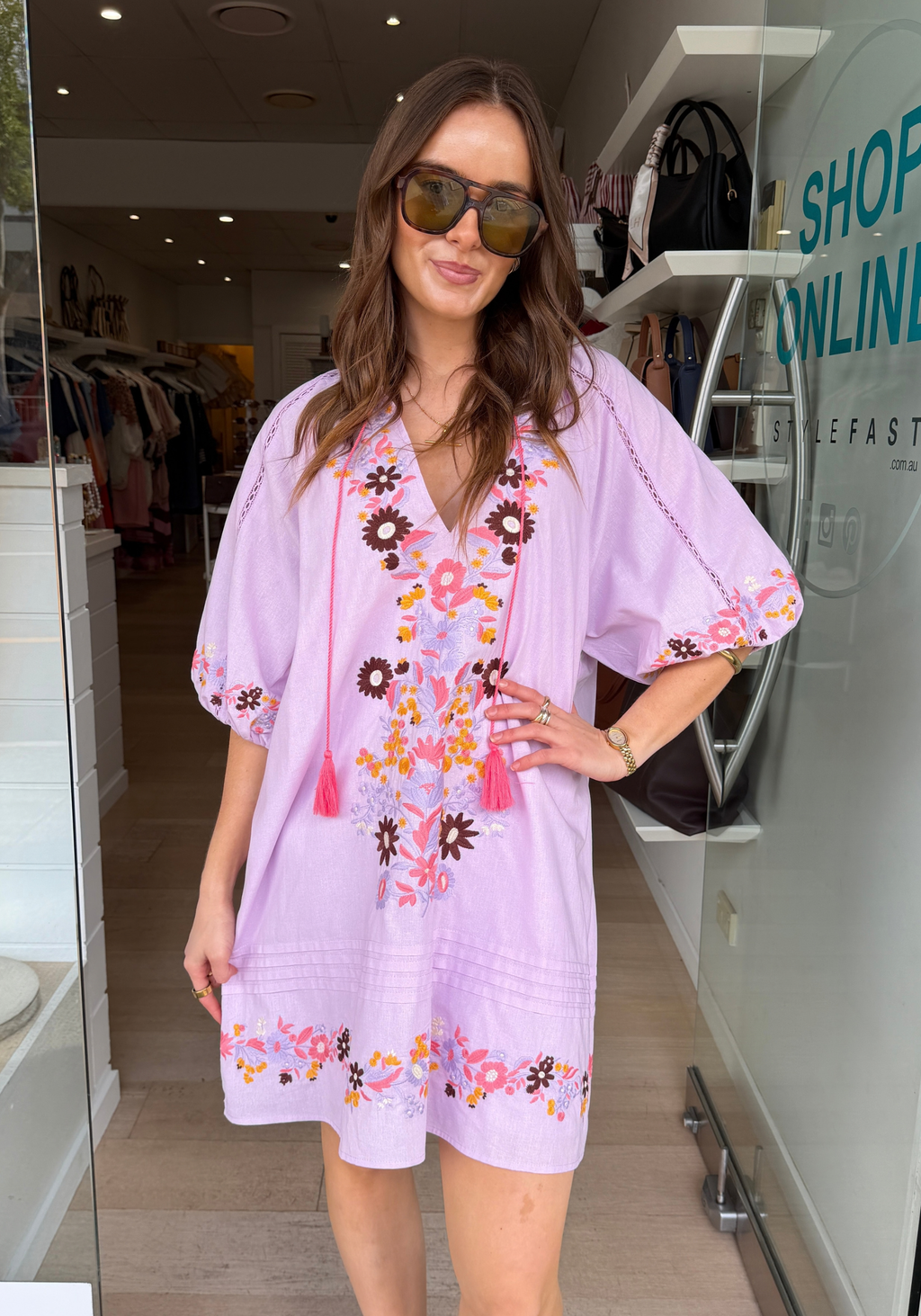 SANDRA EMBROIDERED MINI DRESS - LILAC