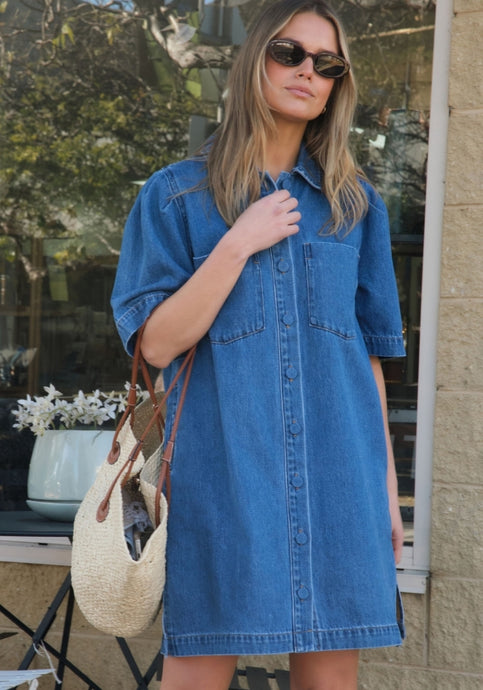 CERES LIFE DYLAN PLEAT SLEEVE BOXY DRESS - FRESH INDIGO