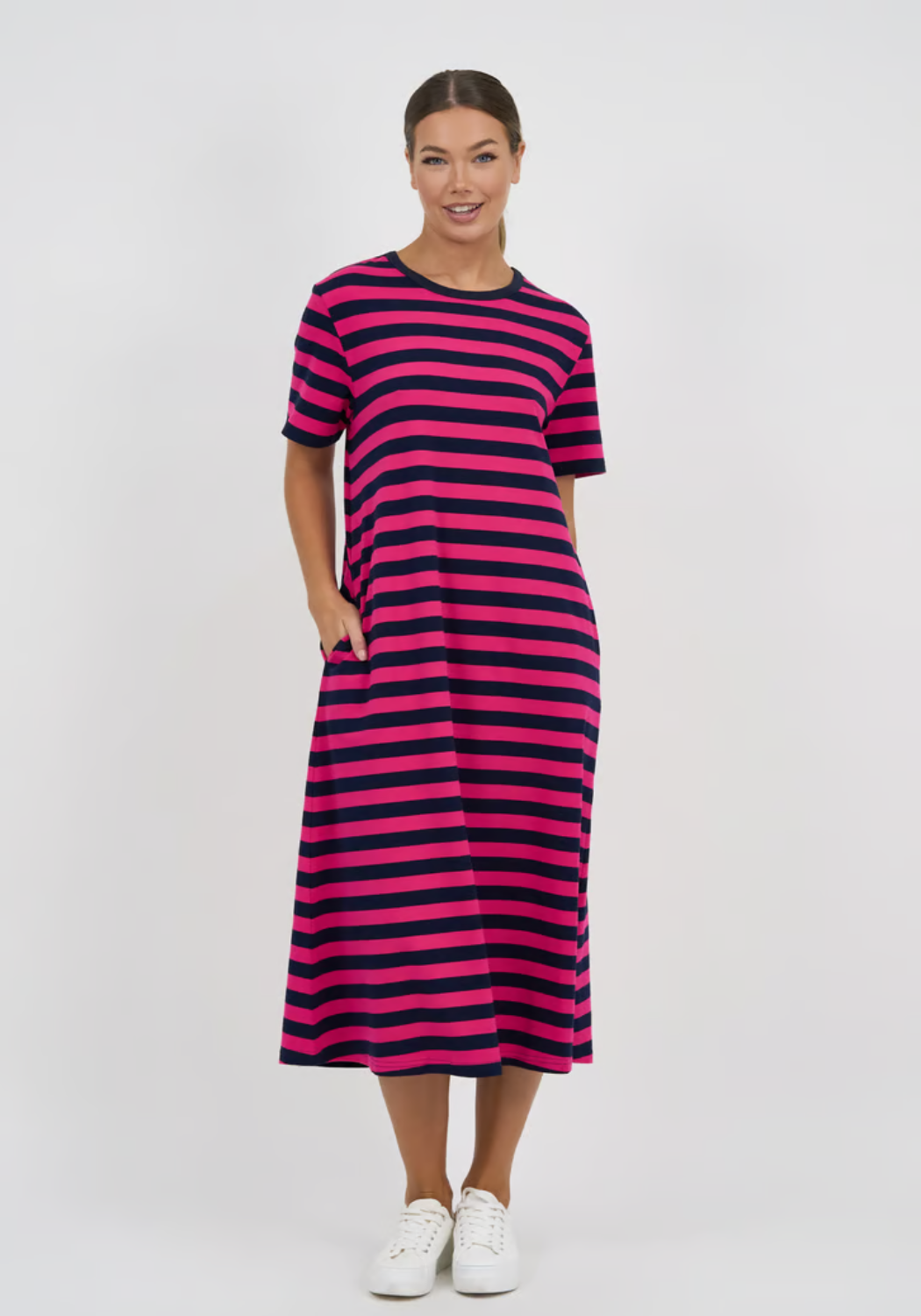 CARA SLIM COTTON JERSEY DRESS - NAVY/PINK STRIPE