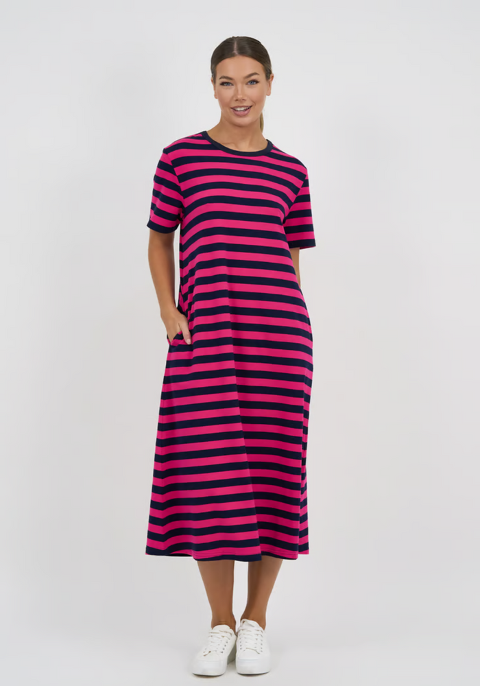 Load image into Gallery viewer, CARA SLIM COTTON JERSEY DRESS - NAVY/PINK STRIPE