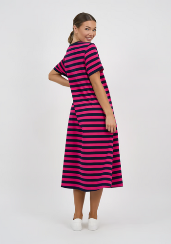 CARA SLIM COTTON JERSEY DRESS - NAVY/PINK STRIPE