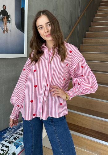 CARRIE BUTTON THROUGH BLOUSE - PINK STRIPE