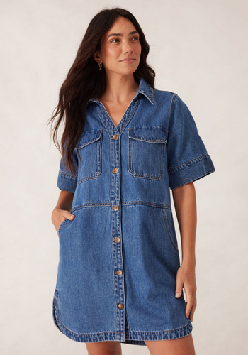 CERES LIFE SIDE POCKET BOXY DRESS - FRESH INDIGO