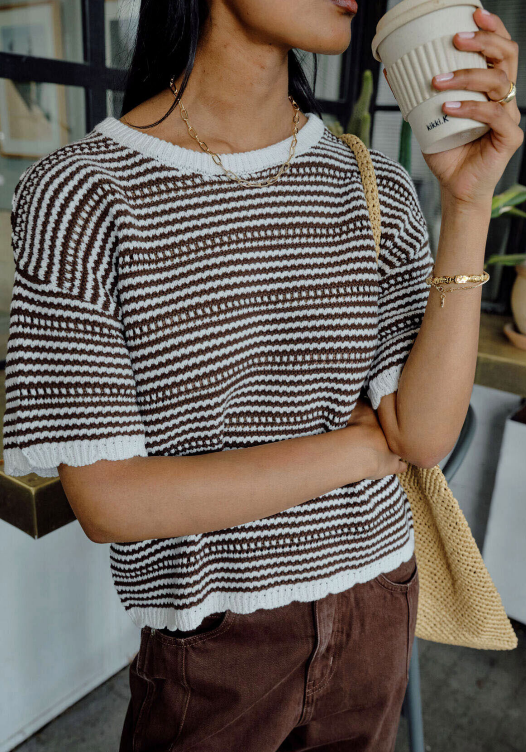 CERES LIFE NINA BOXY KNIT TEE - CHOCOLATE STRIPE