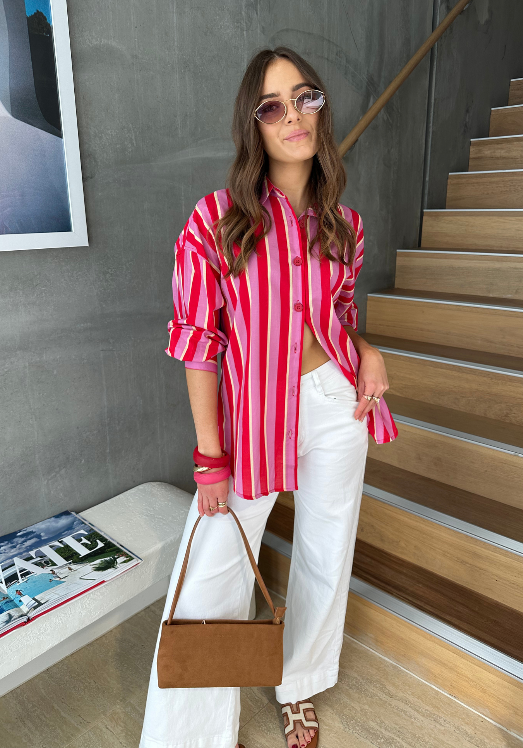 RENATA 100% COTTON SHIRT - RED/PINK STRIPE