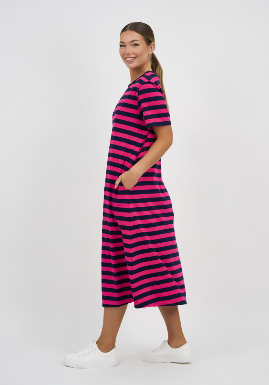 CARA SLIM COTTON JERSEY DRESS - NAVY/PINK STRIPE