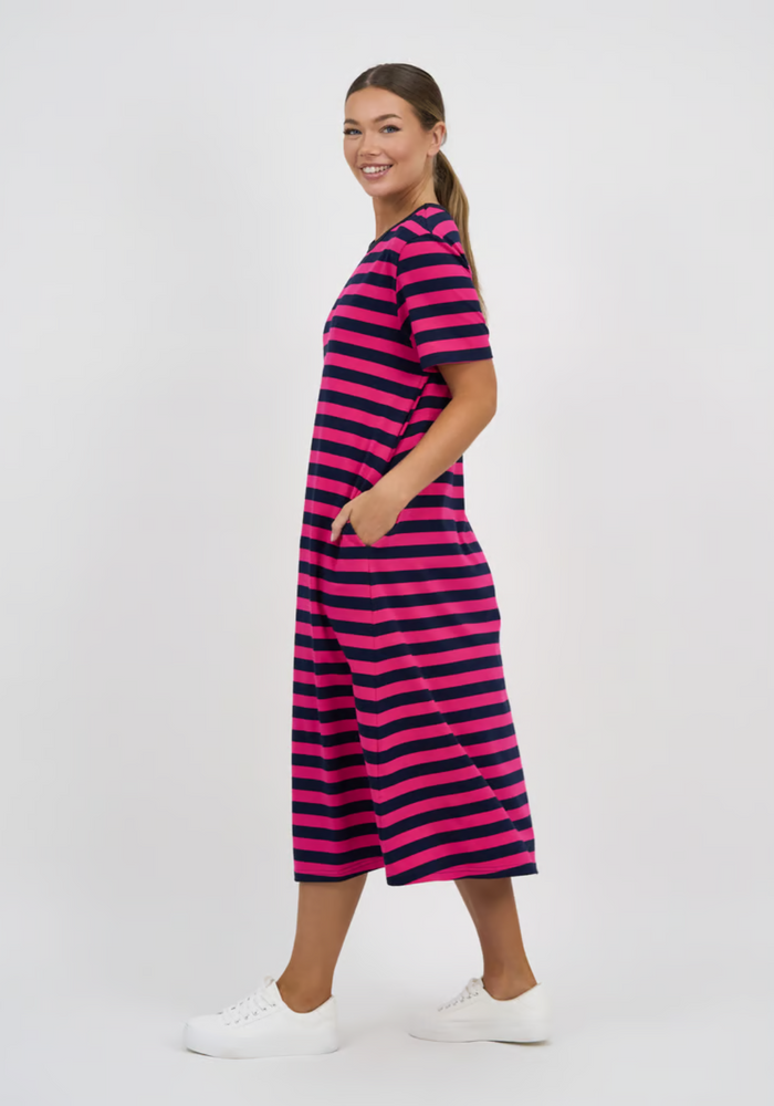 Load image into Gallery viewer, CARA SLIM COTTON JERSEY DRESS - NAVY/PINK STRIPE