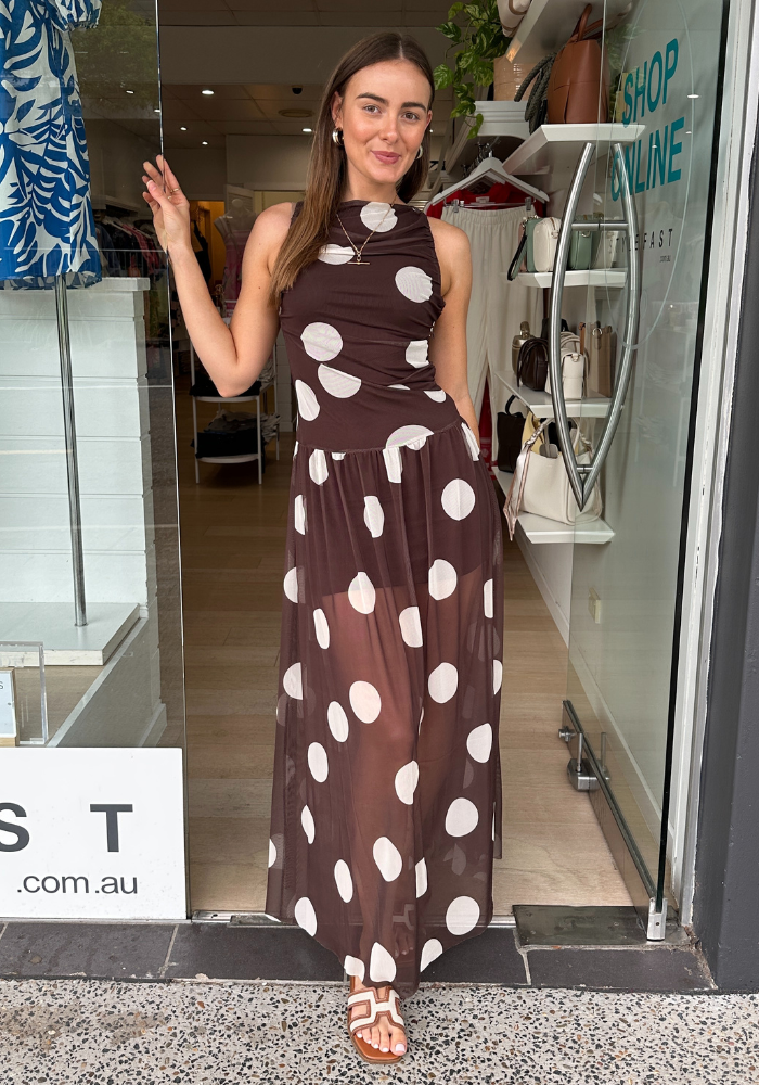 INES MESH MAXI DRESS - CHOCOLATE SPOT