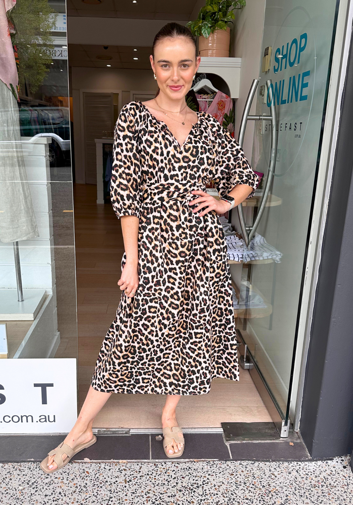 CANDICE COTTON MIDI DRESS - LEOPARD PRINT