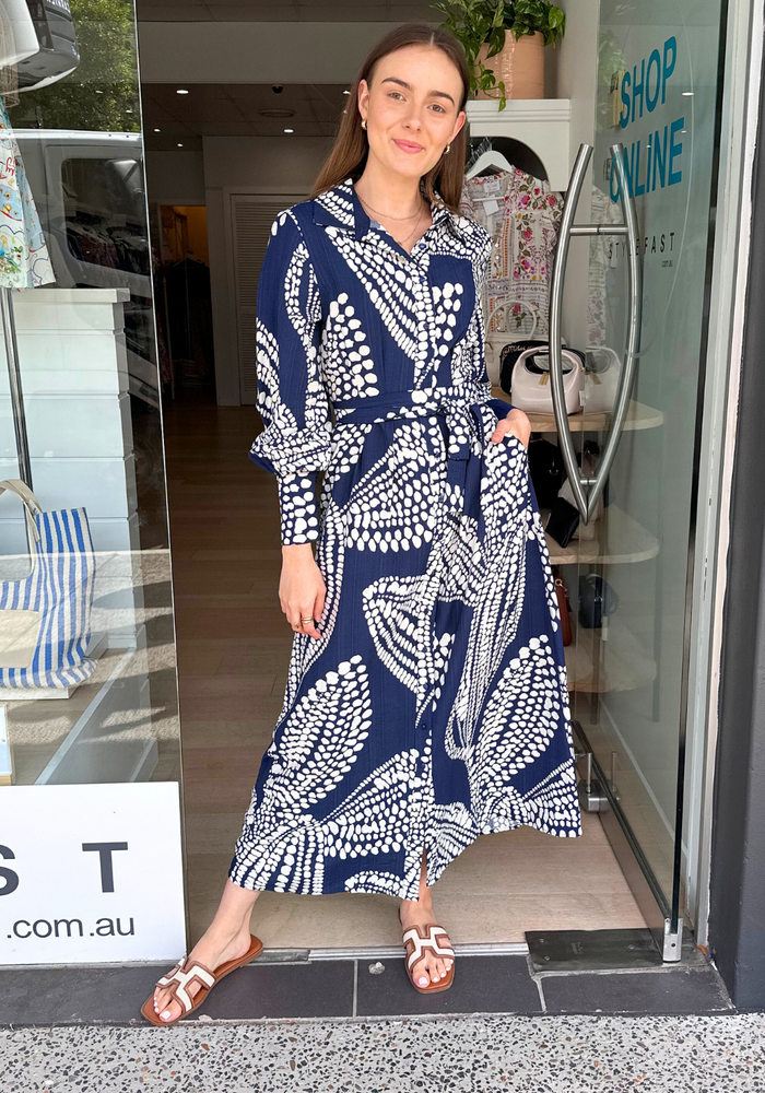 Load image into Gallery viewer, SKYLAR BUTTON THROUGH MAXI DRESS - NAVY PRINT