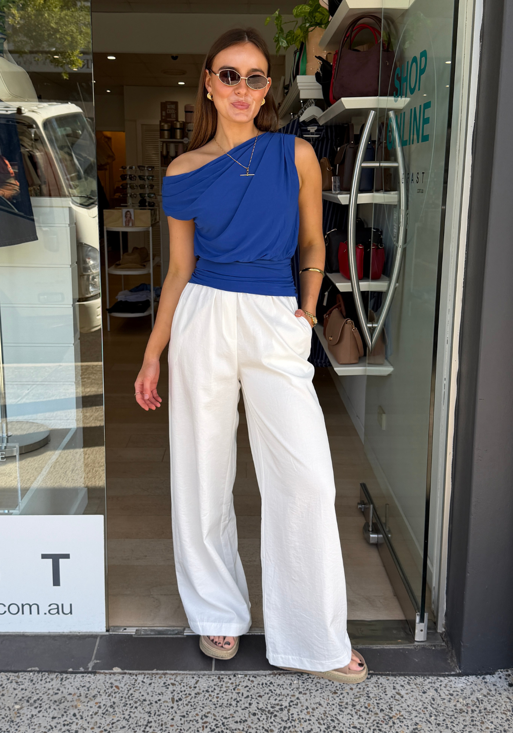 PIPPA ASYMMETRIC DRAPE SHOULDER TOP - COBALT
