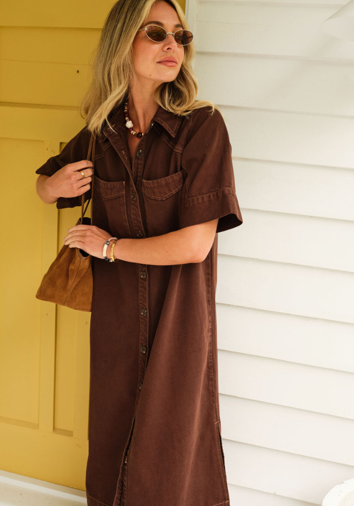 CERES LIFE AVA YOKE DETAIL MIDI DRESS - CHOCOLATE