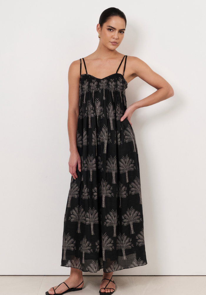 ADORNE INDRA PINTUCK MAXI DRESS - PALM PRINT