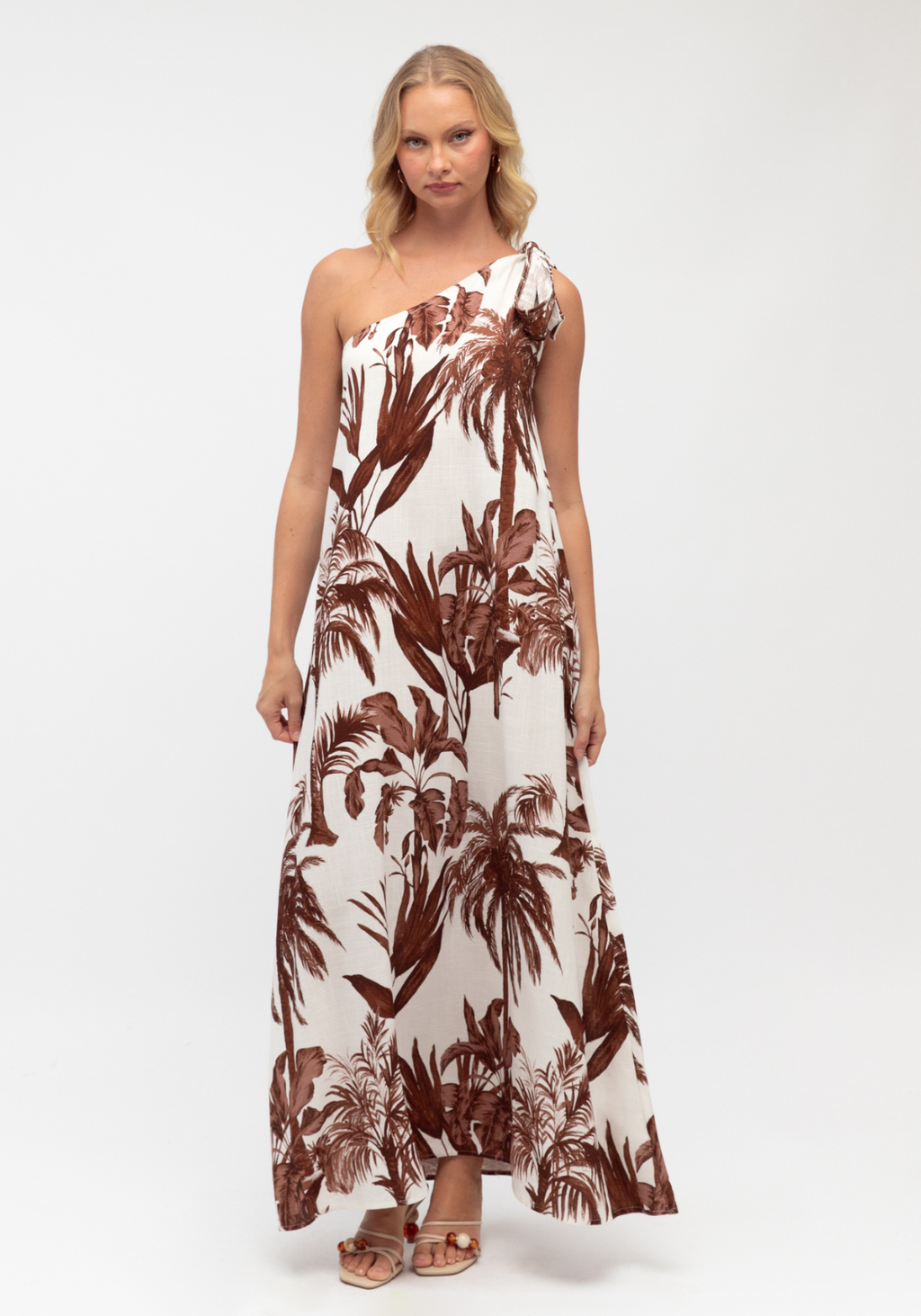 ELVA ONE SHOULDER MAXI DRESS - CHOCOLATE PALM
