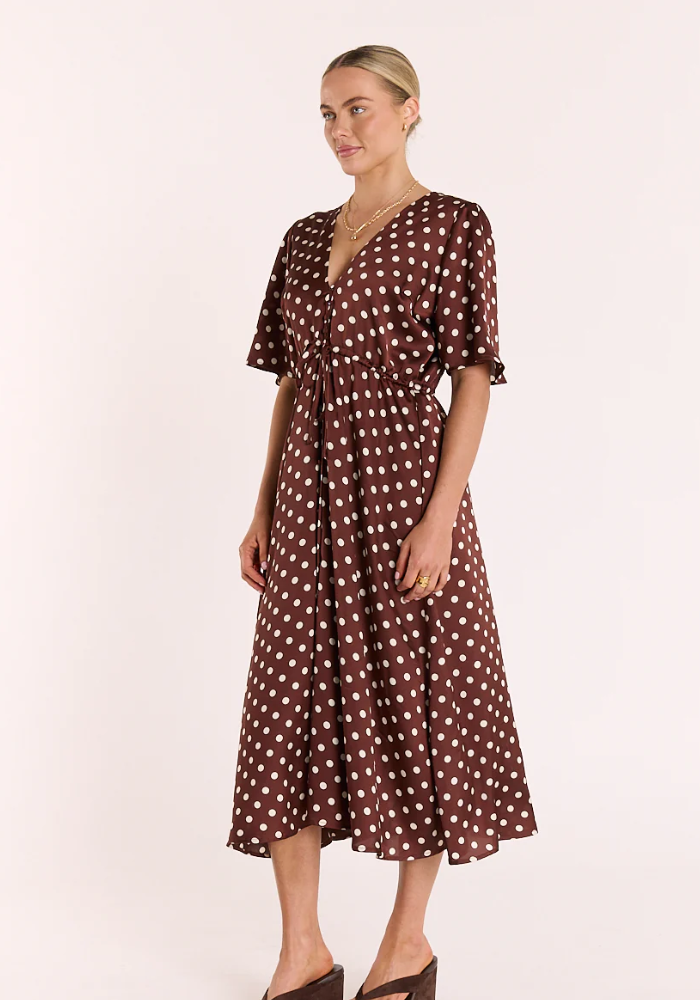 FEATHER + NOISE JACKIE DRESS - CHOC/CREAM SPOT