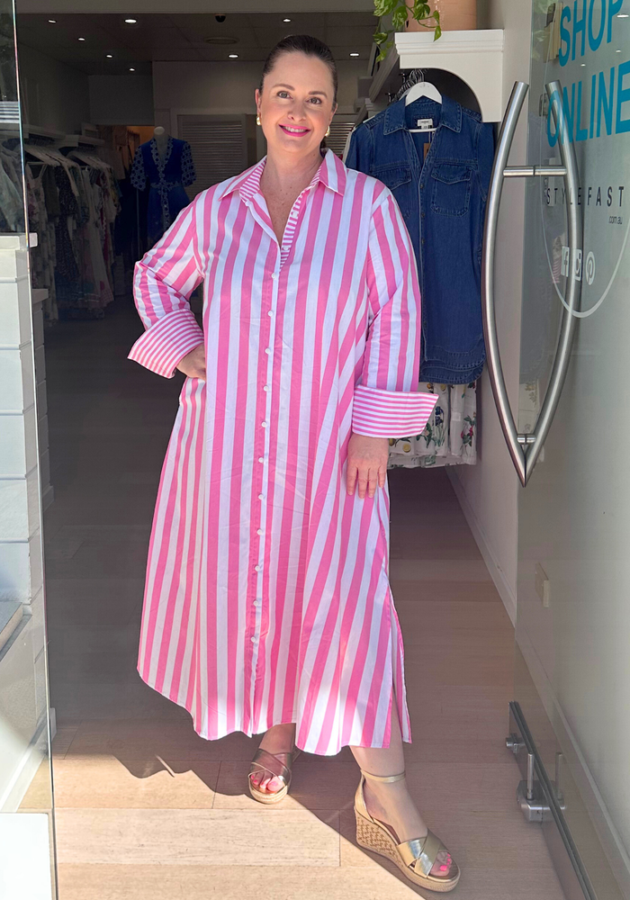 Load image into Gallery viewer, KEHLANI MAXI SHIRTDRESS - PINK STRIPE