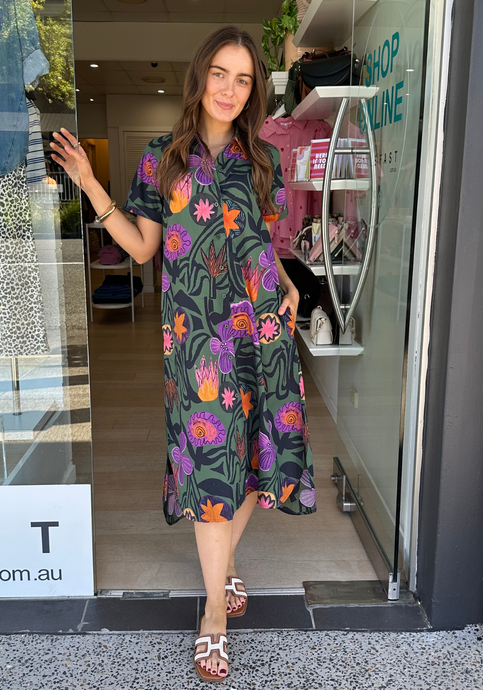ITAMI MACHALA COTTON BUTTON DRESS - KHAKI PRINT