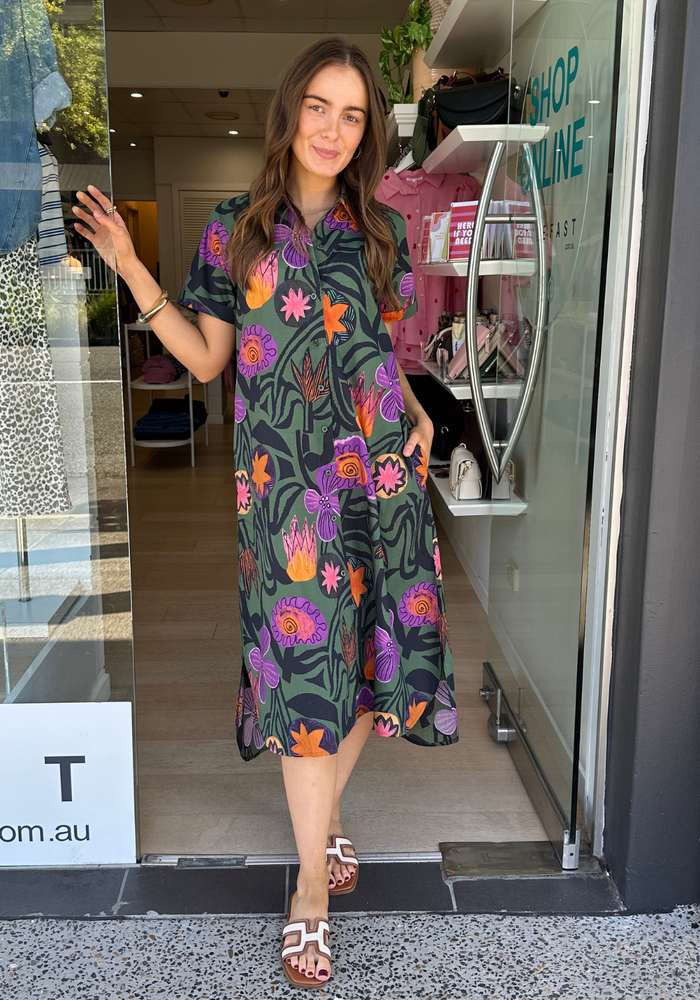 ITAMI MACHALA COTTON BUTTON DRESS - KHAKI PRINT