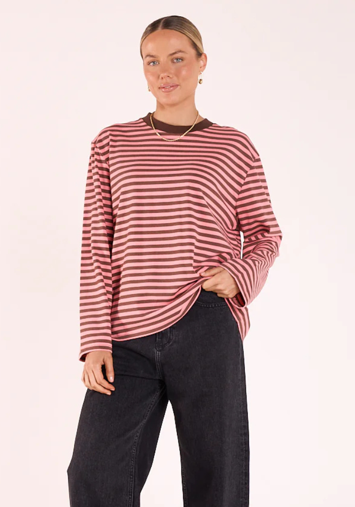 FEATHER + NOISE CARTER LONG SLEEVE TEE - CHOC/PINK STRIPE
