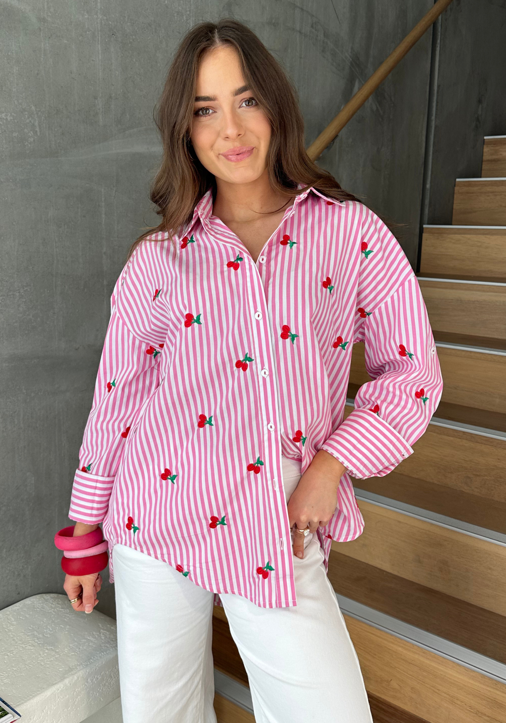 KIMMY BUTTON THROUGH SHIRT - PINK STRIPE