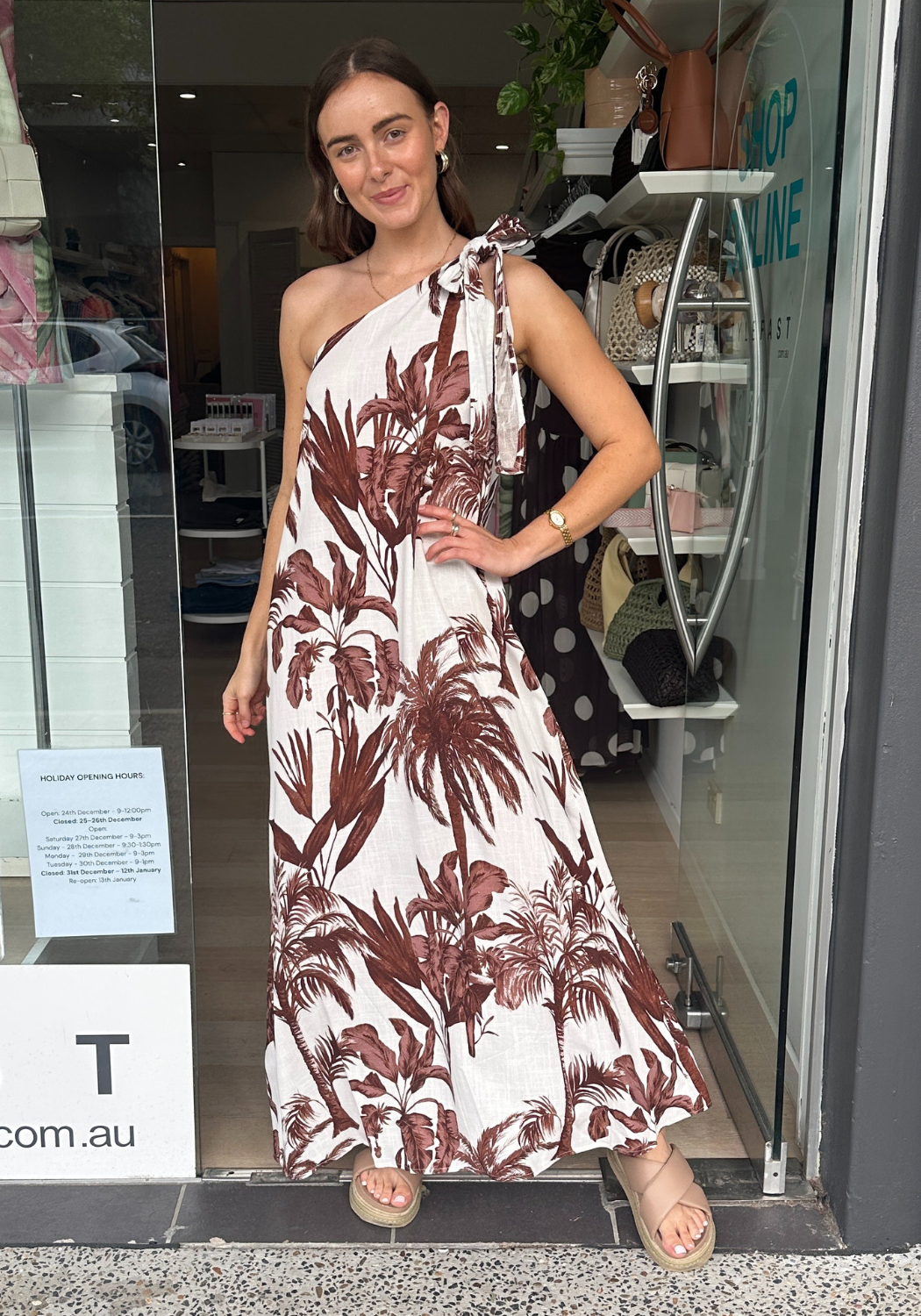 ELVA ONE SHOULDER MAXI DRESS - CHOCOLATE PALM