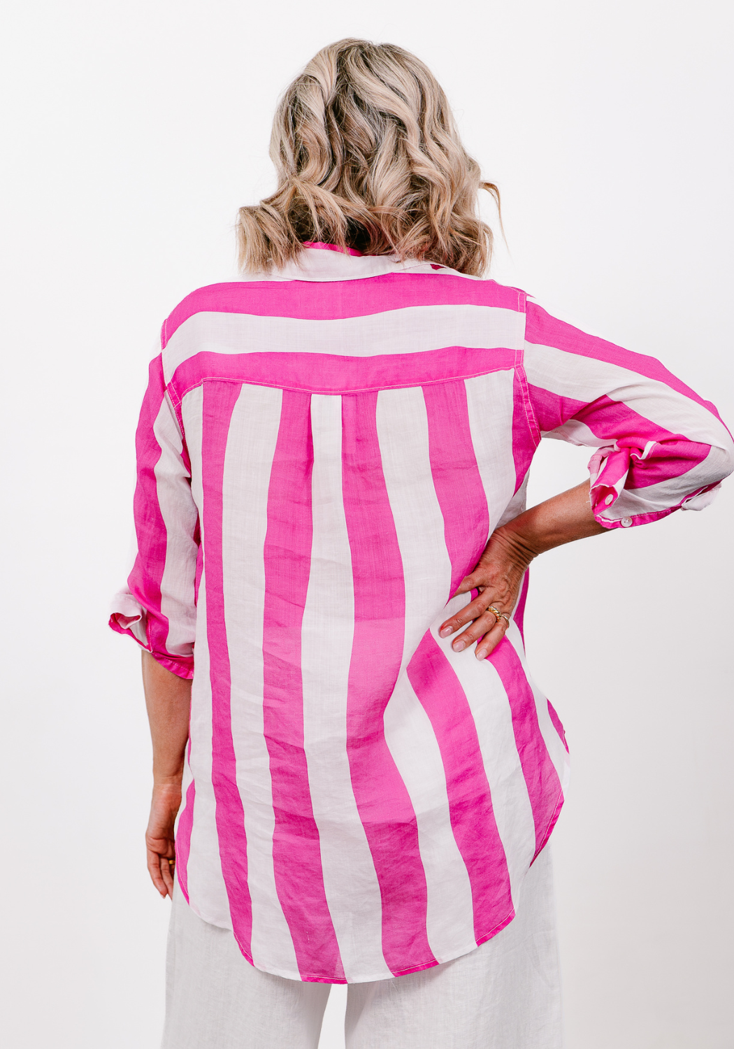 SHAE LINEN SHIRT - PINK/WHITE STRIPE