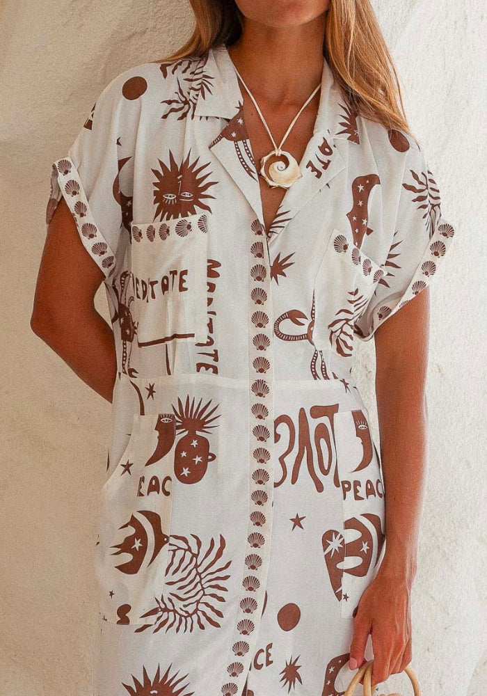 Load image into Gallery viewer, PALM COLLECTIVE BAGUS SHIRTDRESS - MOONLIT BROWN PRINT