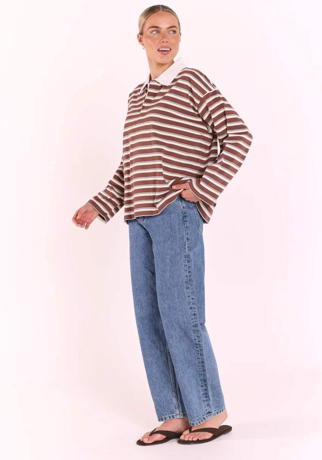 FEATHER + NOISE FINN LONG SLEEVE RUGBY TOP - CHOC/CREAM STRPE