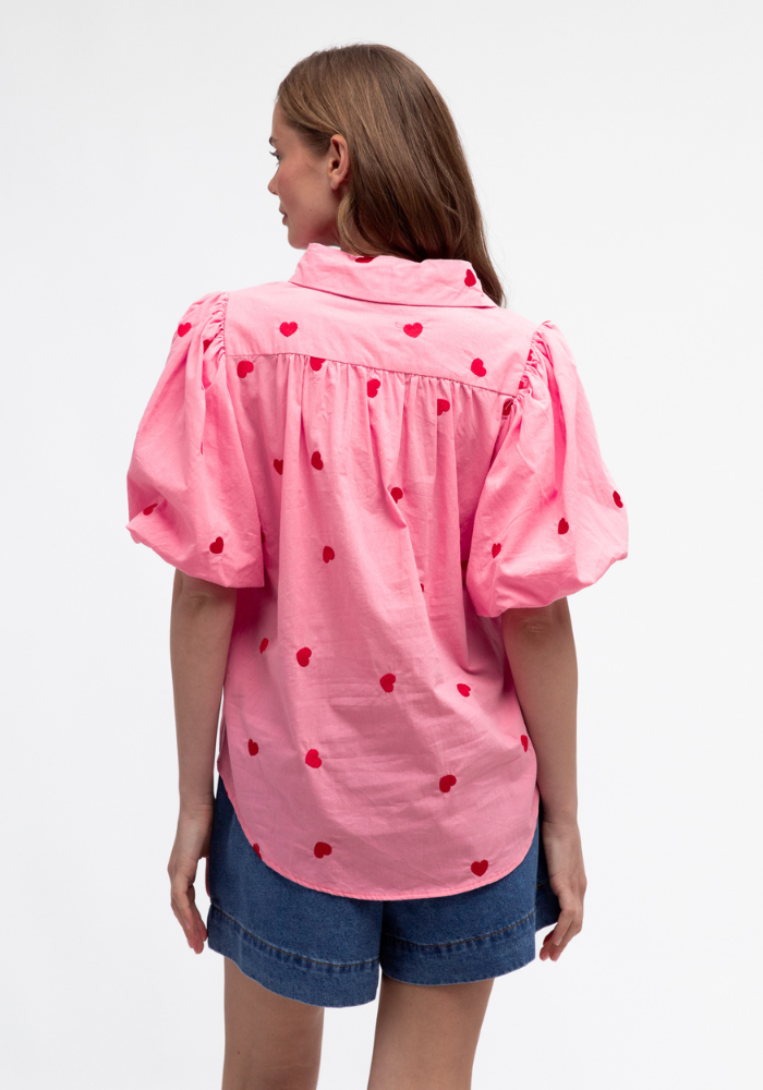 CARMEN HEART BUTTON THROUGH SHIRT - PINK/ RED HEART