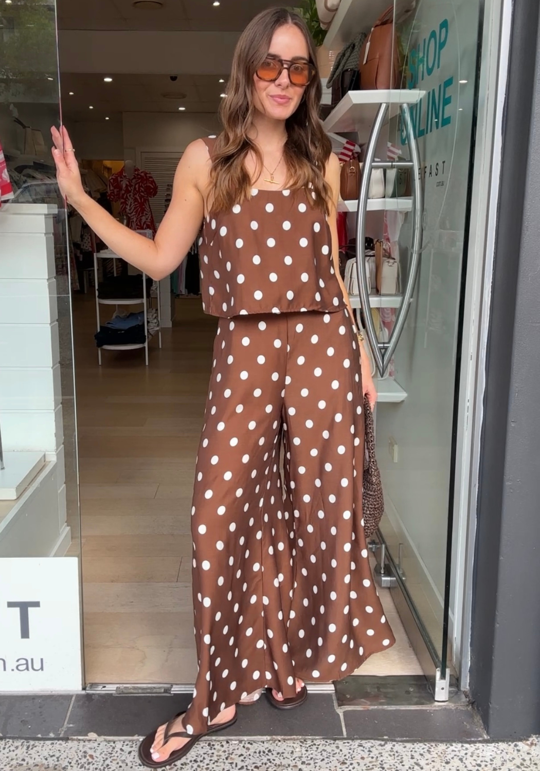 RHIANNON JUMPSUIT - CHOCOLATE SPOT PRINT
