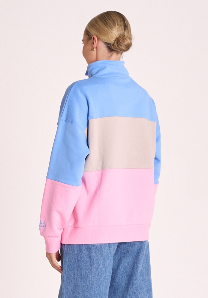 FEATHER + NOISE VARSITY LOGO SWEATER - PINK STRIPE