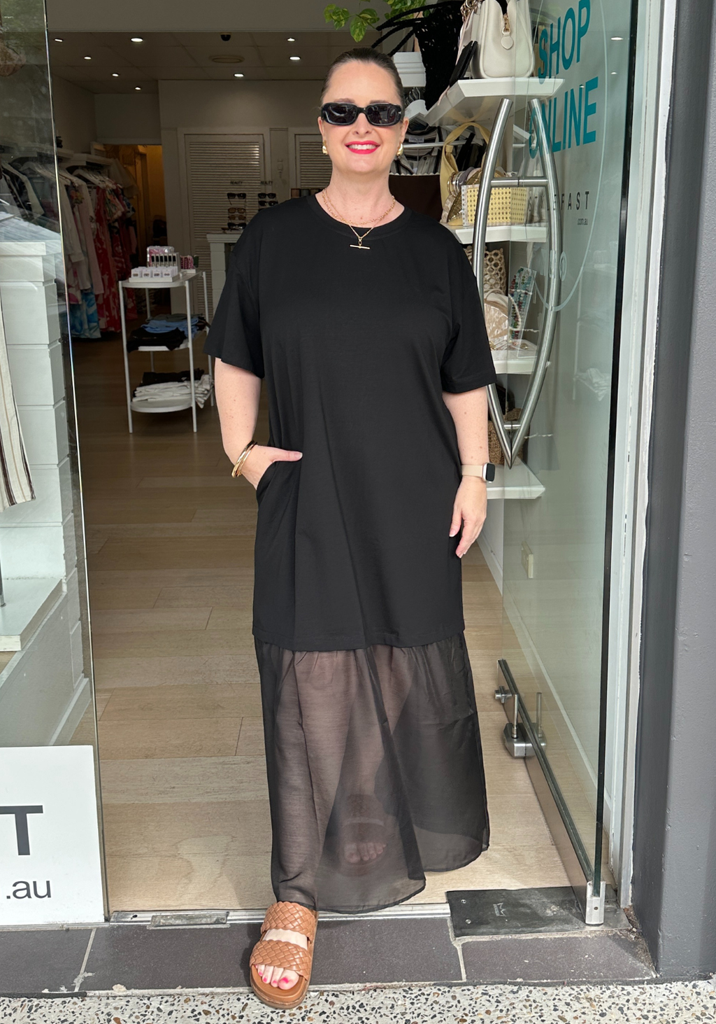 LARA SHEER HEM TEE DRESS - BLACK