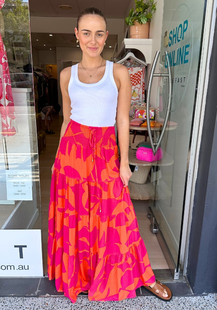 Load image into Gallery viewer, CARRIE TIERED MAXI SKIRT - PINK &amp; ORANGE PRINT