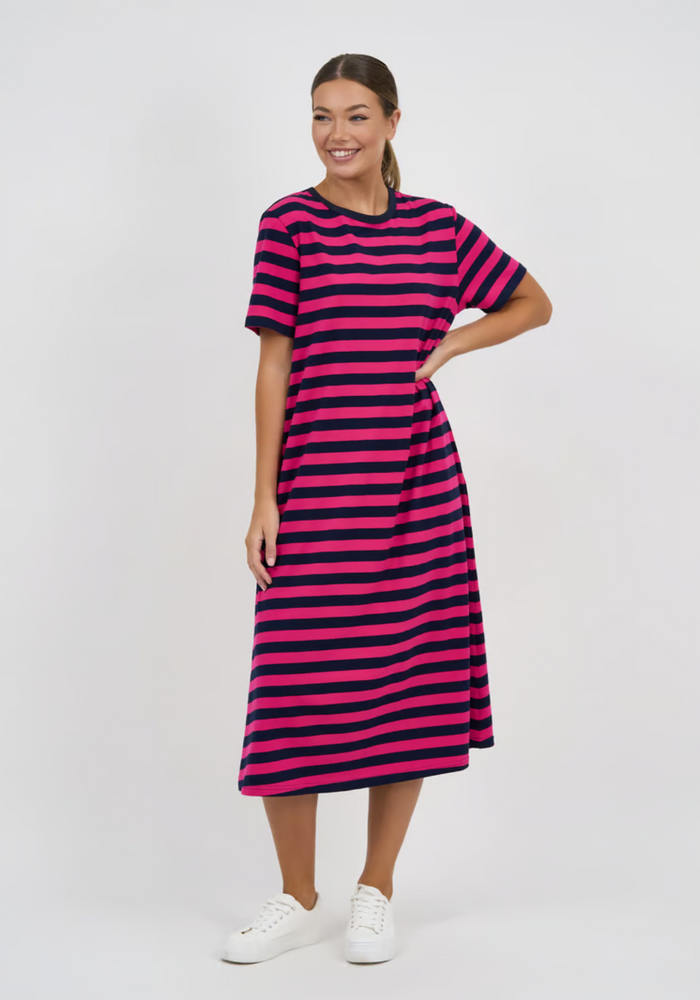 CARA SLIM COTTON JERSEY DRESS - NAVY/PINK STRIPE