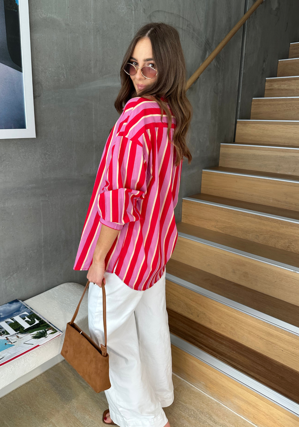 RENATA 100% COTTON SHIRT - RED/PINK STRIPE