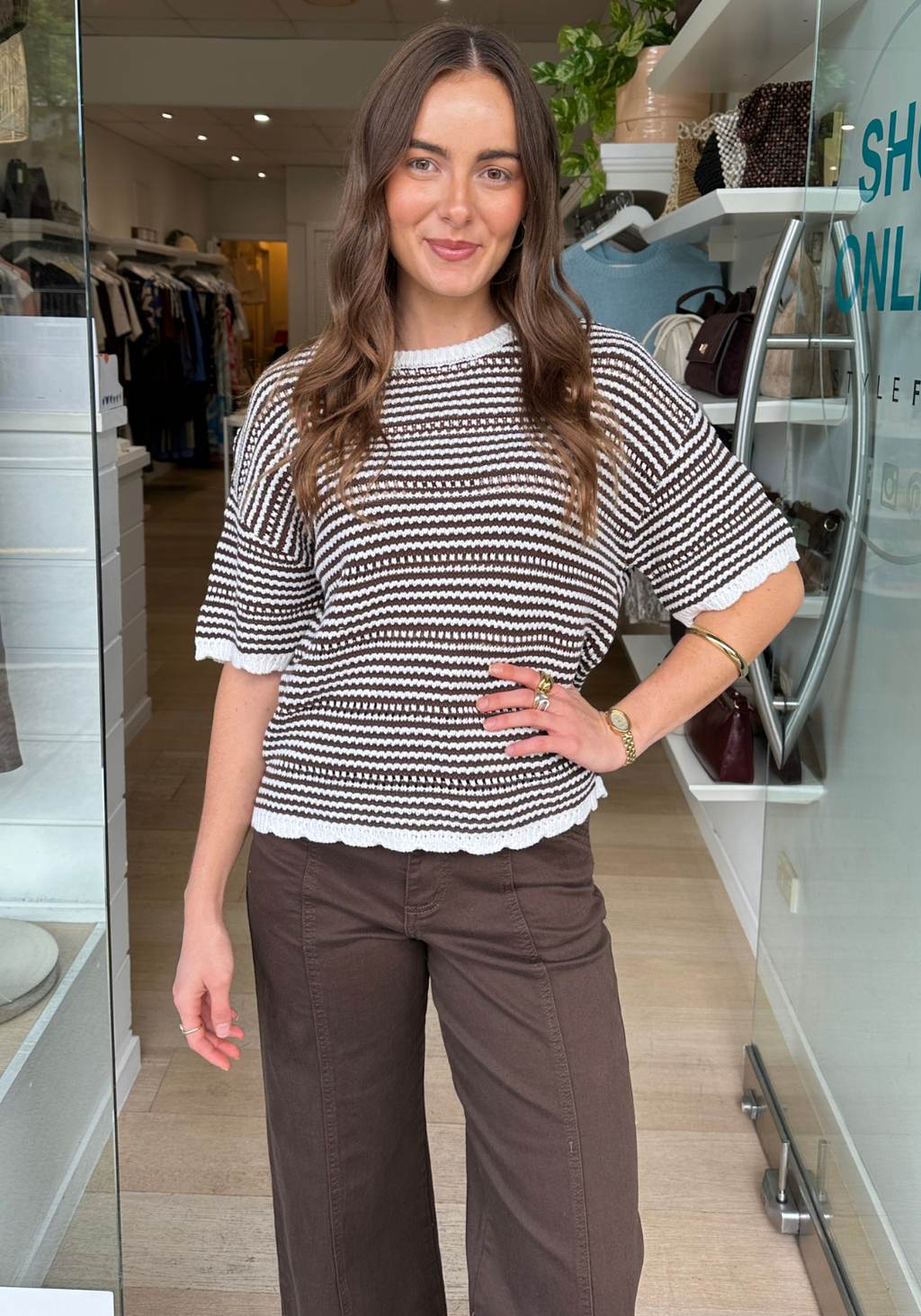 CERES LIFE NINA BOXY KNIT TEE - CHOCOLATE STRIPE
