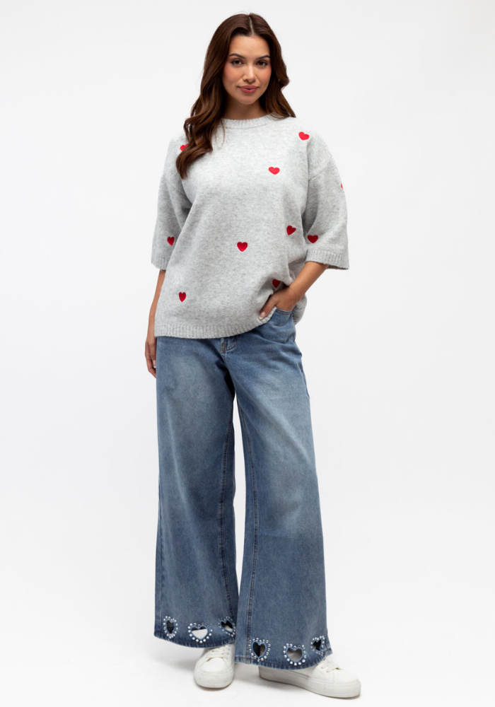 LOTTIE EMBROIDERED HEART KNIT - GREY