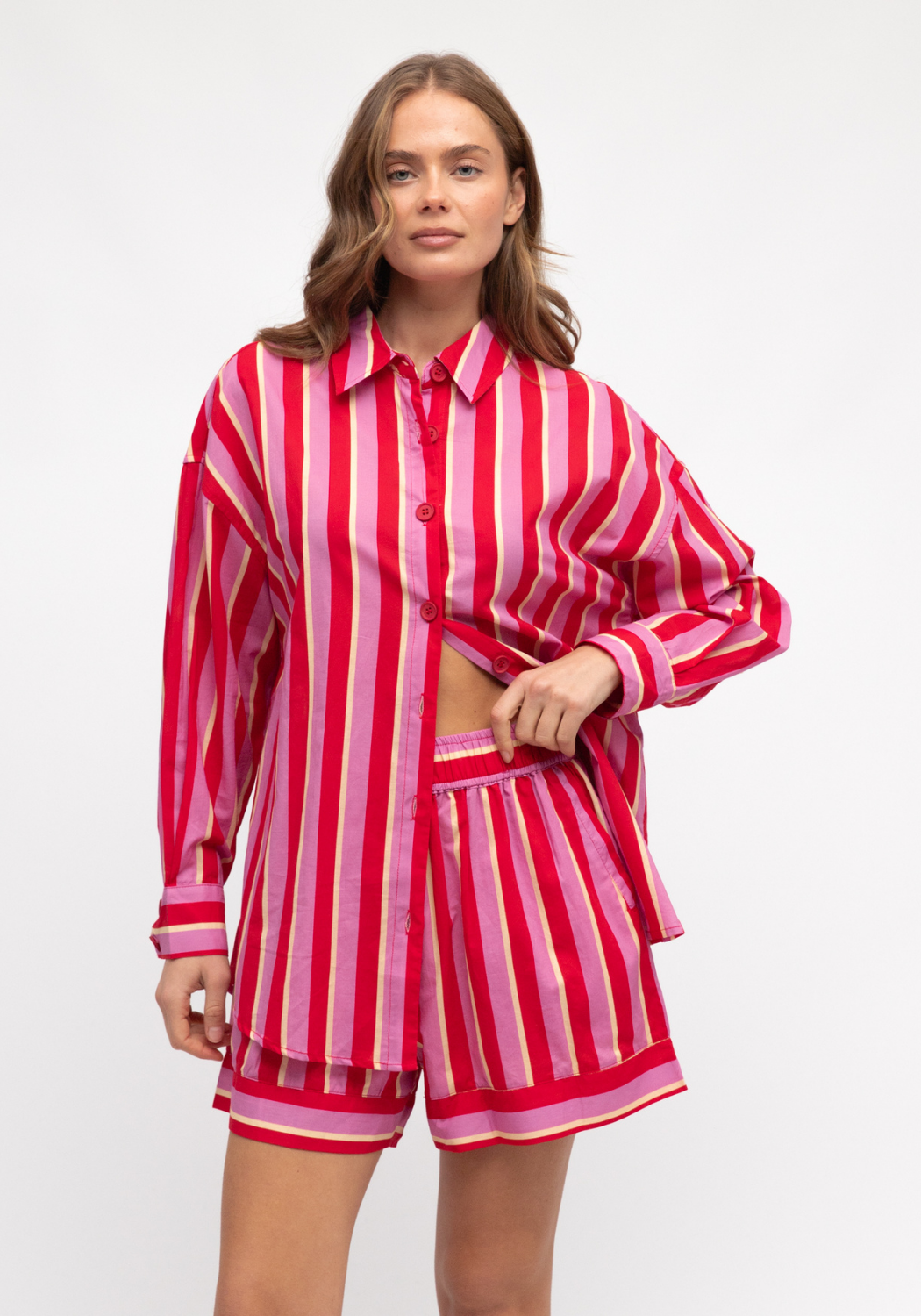 RENATA 100% COTTON SHIRT - RED/PINK STRIPE