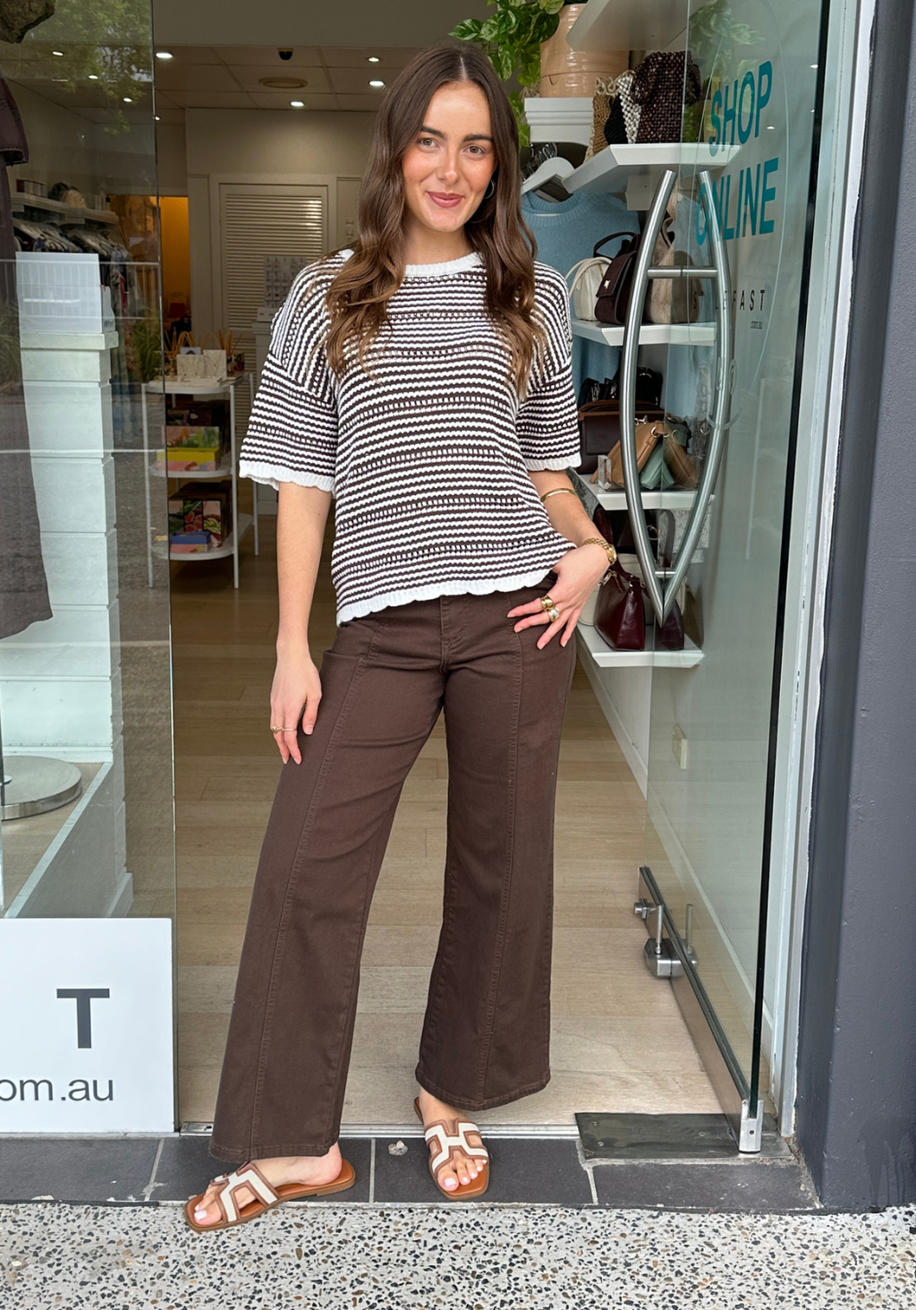 CERES LIFE NINA BOXY KNIT TEE - CHOCOLATE STRIPE