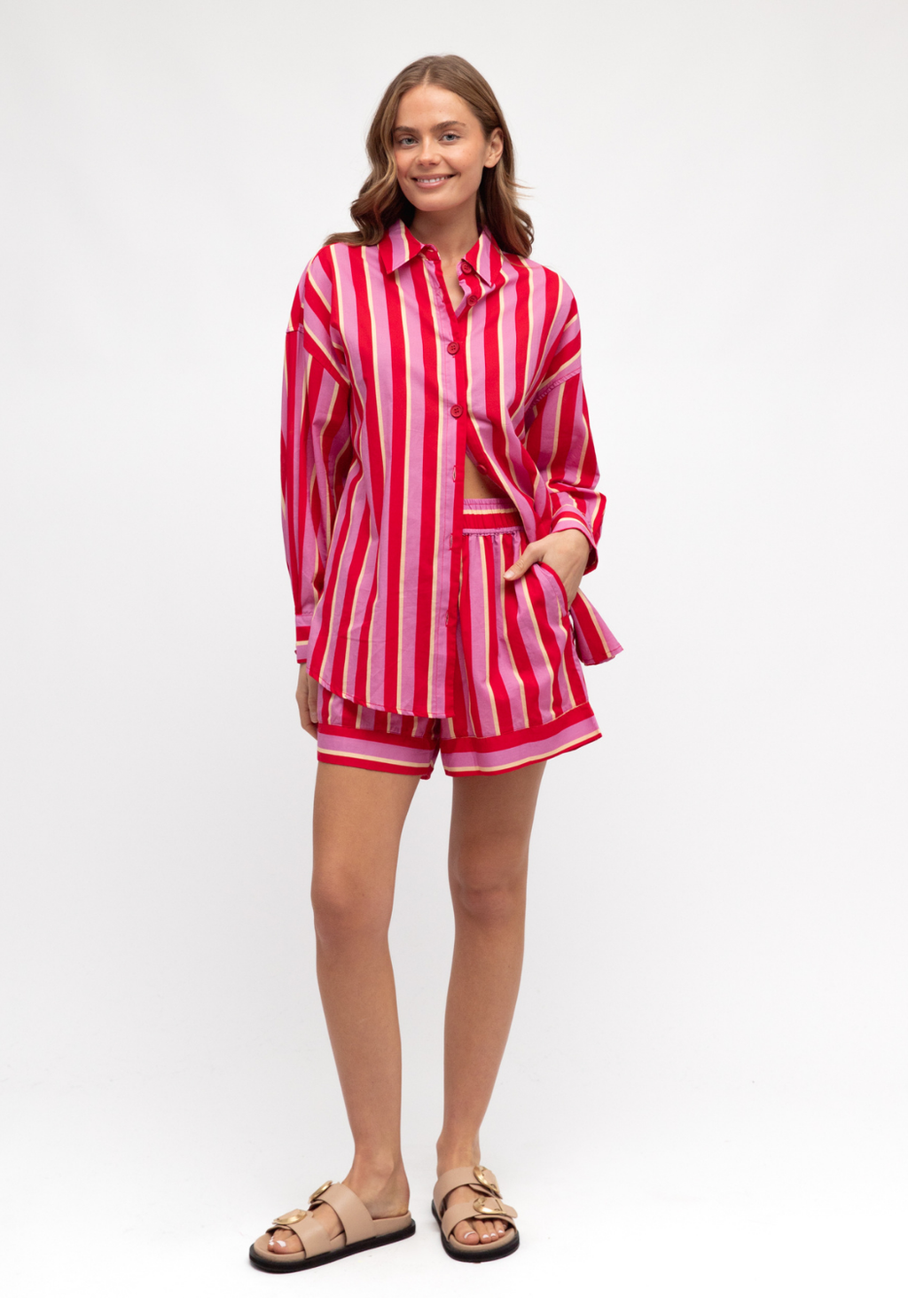 RENATA 100% COTTON SHIRT - RED/PINK STRIPE