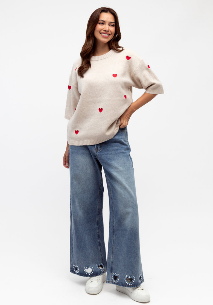 LOTTIE EMBROIDERED HEART KNIT - BEIGE