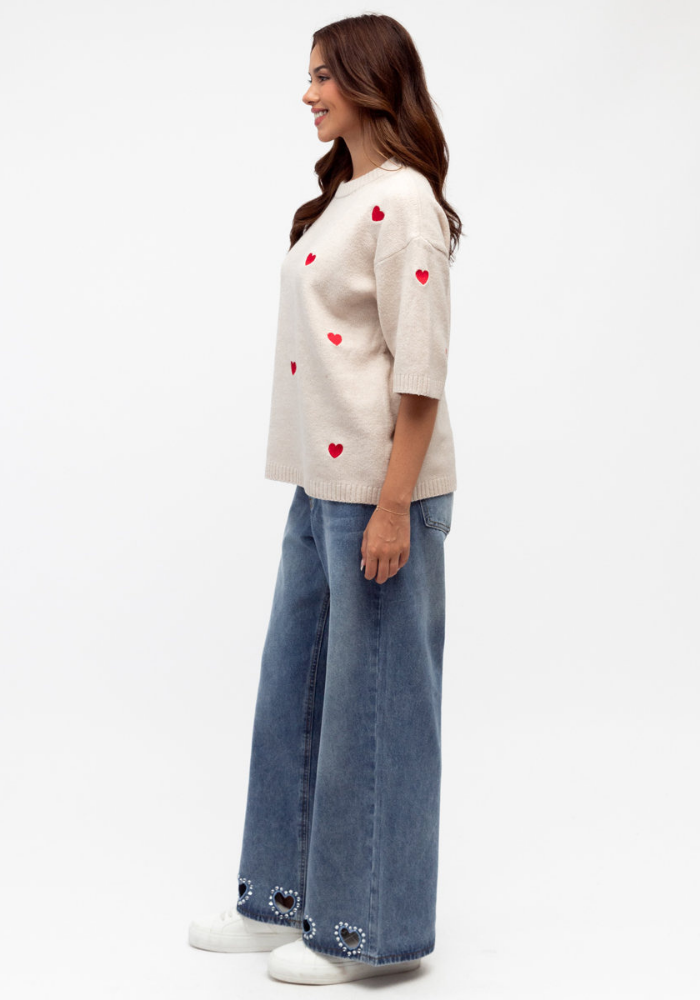 LOTTIE EMBROIDERED HEART KNIT - BEIGE