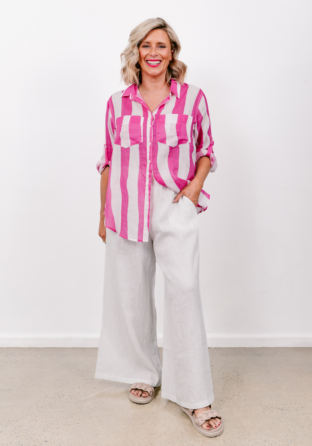 SHAE LINEN SHIRT - PINK/WHITE STRIPE